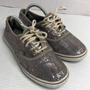 Vans Sneakers Womens Size 7 Mens 5.5 Unisex Silver Sequin Tennis Shoes